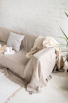 a couch covered in a blanket next to a potted plant and other items on the floor