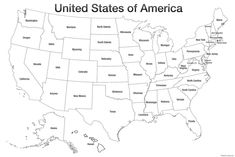 the united states of america map with names and their capital, state colors are black and white