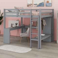 a loft bed with desk underneath it in a pink and white room next to a potted plant