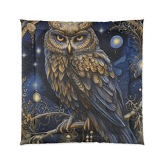 an owl sitting on top of a tree branch in front of a night sky with stars and