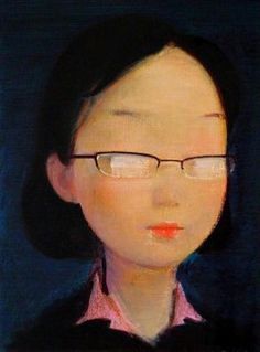 a painting of a woman wearing glasses and a pink shirt