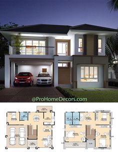 two story house plan with three cars parked in the driveway and one car on the other side