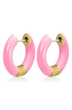 Enhance your ensemble by accessorizing with these timeless hoop earrings that are colored with enamel to make a statement. 0.51" hoop diameter Hinge with snap-post closure Goldtone plate/enamel Imported Pink Enamel Hoop Earrings, Pink Enamel Hoop Jewelry, Trendy Enamel Hoop Jewelry, Trendy Round Enamel Hoop Earrings, Small Hoop Enamel Earrings, Hoop Huggie Earrings In Enamel, Candy Pink, Pink Candy, Nordstrom Rack