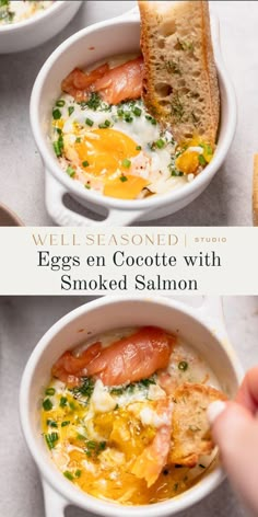 two bowls filled with eggs and smoked salmon on top of a white countertop next to bread