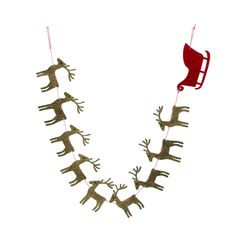 reindeer decorations are hanging on a string in the shape of santa's sleigh