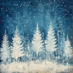 a painting of snow covered trees with stars in the sky