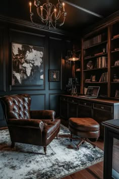 a chair and ottoman in a room with dark wood paneling on the walls, bookshelves and shelves