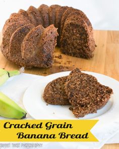 a sliced banana bread sitting on top of a white plate next to a bundt cake