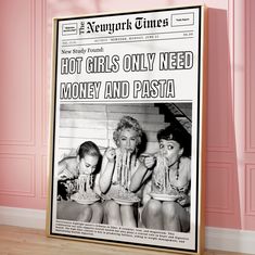 an old newspaper advertises women eating pizza and drinking soda while sitting on the floor