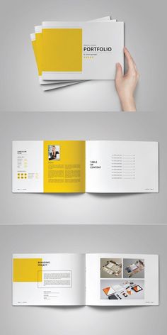 a hand holding an open brochure with yellow and white colors on it, in the middle of two pages