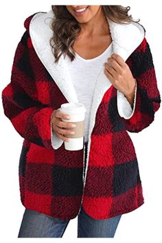 ReachMe Womens Oversized Sherpa Jacket Fuzzy Fleece Teddy Coat Winter Plaid, Winter Chic, Winter Mode, Hooded Coat