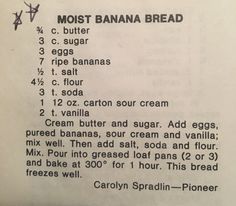 the recipe for most banana bread is shown in black and white