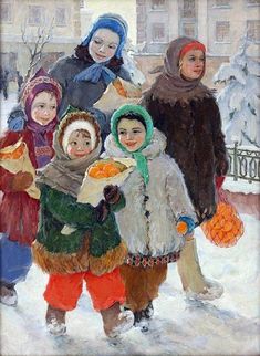 an oil painting of children in the snow holding bags and looking at something off to the side