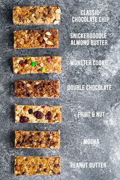 granola bars lined up on top of each other with different toppings and ingredients