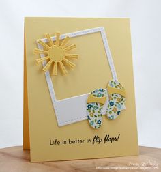 a handmade greeting card with a pair of flip flops and a sun on it