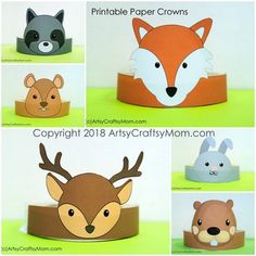 four different paper crowns with animals and deers on them, all made out of construction paper