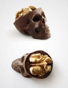 the skull is made out of chocolate and has walnuts in its shell to eat