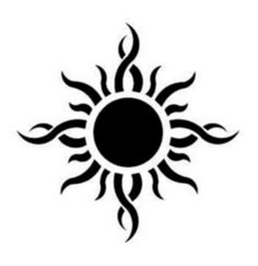 a black and white image of a sun with flames in the middle, on a white background