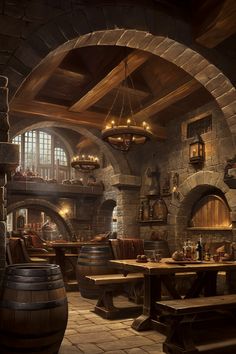 an old fashioned tavern with wooden barrels and tables in front of the stone archways