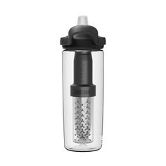 a black and white photo of a water bottle on a white background with the lid open