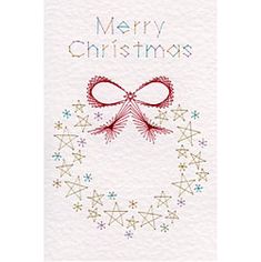 a christmas card with a red bow and stars on the front, in white paper