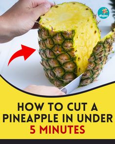 someone cutting up a pineapple in half on a white plate with the words how to cut a pineapple in under 5 minutes