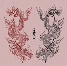 two red and black dragon designs on a pink background