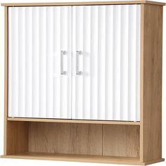 a wooden cabinet with white blinds on the top and bottom panel, in front of a white background