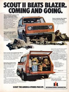 an old ad for the jeep with pictures of different parts in it and text that says, scout ii beats blazer coming and going