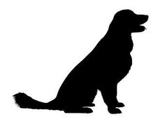 a black and white silhouette of a dog sitting on the ground looking up at something