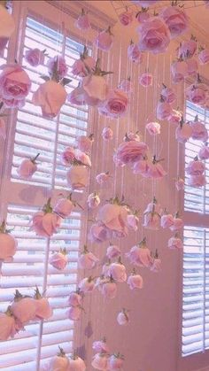 pink flowers are hanging from the ceiling in front of windows with shutters and blinds