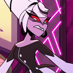 an animated woman with white hair and red eyes standing in front of a neon sign