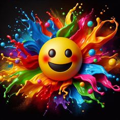 a smiley face with colorful paint splashing around it