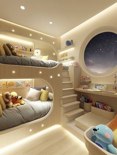 two bunk beds with stuffed animals on them in a room that has stairs and round windows