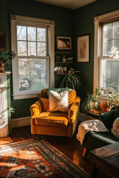 a living room filled with furniture and windows next to a fire place in front of a fireplace