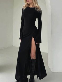 Long Sleeves Loose Asymmetric Solid Color Split-Joint Split-Side Round-Neck Maxi Dresses BLACK-M Solid Color Party Dress With Split Hem, Solid Color Dress With Split Hem For Party, Black Stretch Dress With Split Hem, Black Maxi Dress With Split Hem For Night Out, Black Fitted Maxi Dress With Split, Fitted Black Maxi Dress With Split, Black V-neck Dress With Split Design, Black Fitted Split Maxi Dress, Edgy Maxi Dress For Night Out