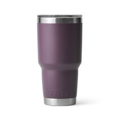 the yeti tumbler in purple is shown on a white background with silver trim