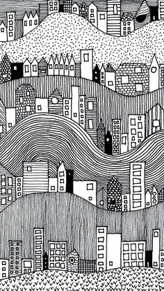 a black and white drawing of houses on a hill