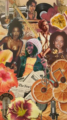 a collage of women with flowers and oranges