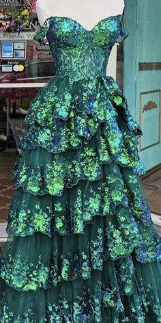 elegant green lace ruffles prom dress, off the shoulder with leg slit Prom Dress Off The Shoulder, Ruffle Prom Dress, Lace Ball Gowns, Beautiful Shorts, Prom Dresses Online