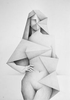 a pencil drawing of a woman's torso and hands on her chest, with triangles in the background