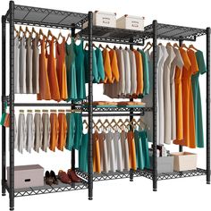 PRICES MAY VARY. 【Dimension of PUNION Garment Racks for Hanging Clothes】The metal clothing rack assembled dimension is 86"W X18”D X77”H. Package dimension is 31W x 19D X10H, package weight is 45lbs. 【Strong Bearing Capacity Hold Up to 1300LBS】The portable clothes racks can be load capacity up to 1500lbs, not easily deformed. It can create extra storage space instantly. 【Adjustable Metal Clothing Rack】The heavy duty clothes rack has 7 tiers adjustable wire shelving ,5 hanging rods and 2 side hook Extra Clothes Storage Ideas, Clothes Rack Ideas, Bedroom Clothing Rack, Multipurpose Bedroom, Costume Storage, Costume Room, Metal Clothing Rack, Boutique Store Displays, Gear Room