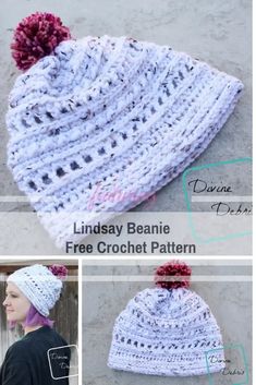 the crochet beanie is shown with instructions to make it