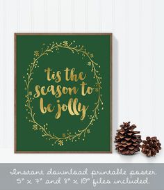 a green and gold christmas print with the words tis the season to be jolly