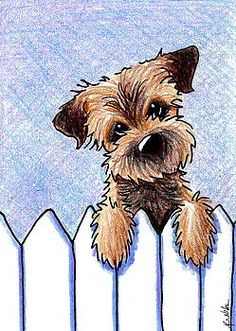 a drawing of a dog sticking its head over the top of a white picket fence