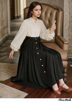 Olivia Mark - Vintage Artistic Forest Style Two-Piece Dress Set with Printed Skirt Forest Academia Outfit, Forest Academia, Long Sleeve Black Maxi Dress, Comfortable Skirts, Forest Style, Academia Style, Stylish Skirts, Printed Skirt, Half Skirt