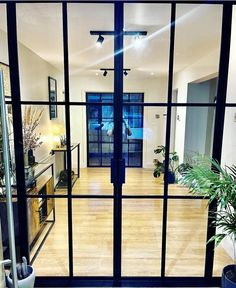 an open glass door leading to a living room with potted plants on the side