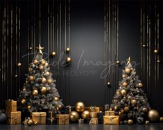 a christmas tree surrounded by gold and silver presents on a black background with golden ribbons