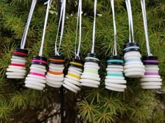 several different colored toothbrushes hanging from a tree