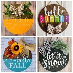 four different door hangers with the words hello spring, hello fall and hello summer